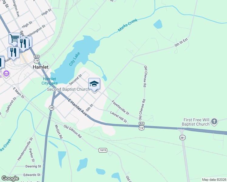 map of restaurants, bars, coffee shops, grocery stores, and more near 164 5th Street in Hamlet