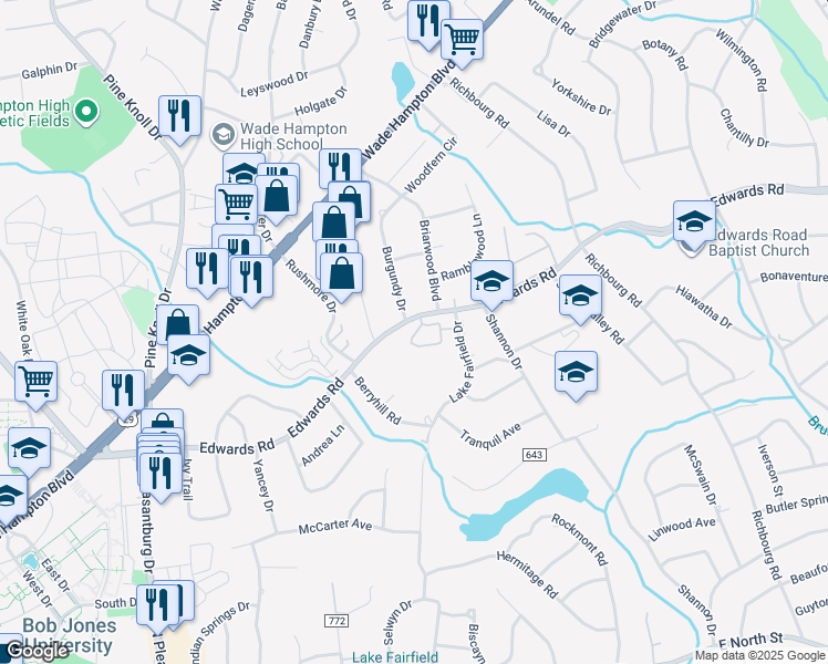 map of restaurants, bars, coffee shops, grocery stores, and more near 702 Edwards Road in Greenville