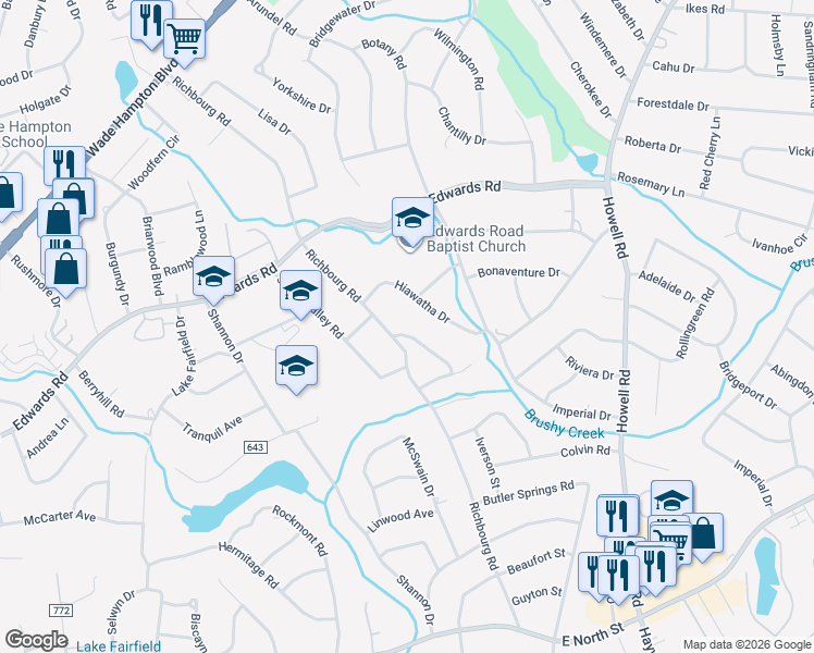 map of restaurants, bars, coffee shops, grocery stores, and more near 29 Hiawatha Drive in Greenville