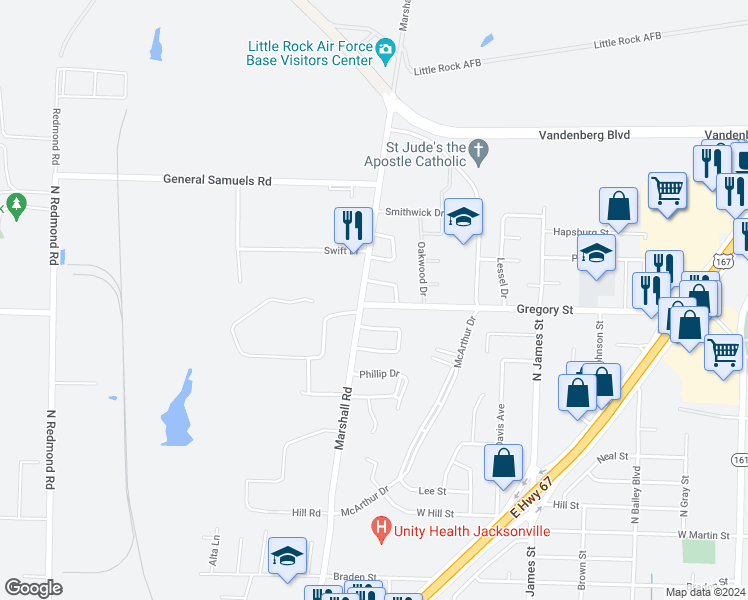 map of restaurants, bars, coffee shops, grocery stores, and more near 1512 Gregory Street in Jacksonville