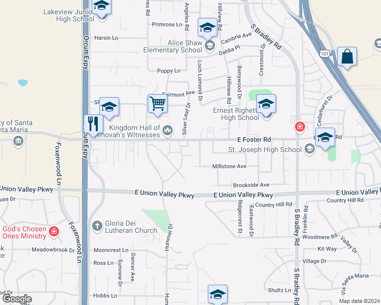 map of restaurants, bars, coffee shops, grocery stores, and more near 637 Shady Lane in Santa Maria