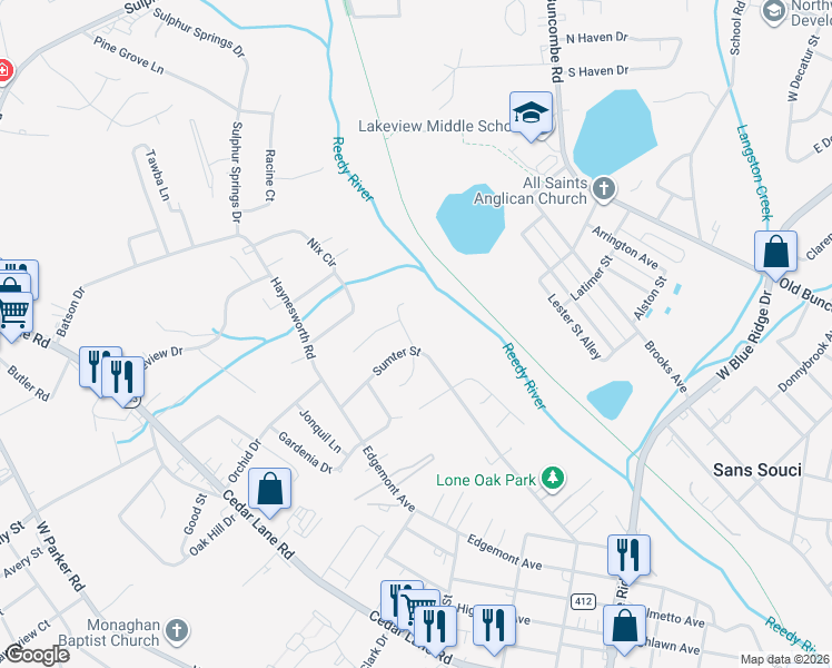 map of restaurants, bars, coffee shops, grocery stores, and more near 6 Riverwood Road in Greenville