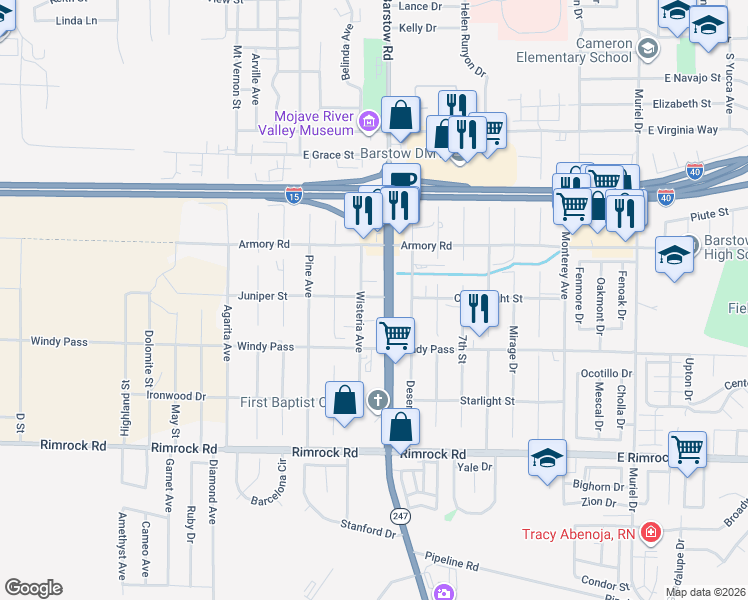 map of restaurants, bars, coffee shops, grocery stores, and more near 1110 Wisteria Avenue in Barstow