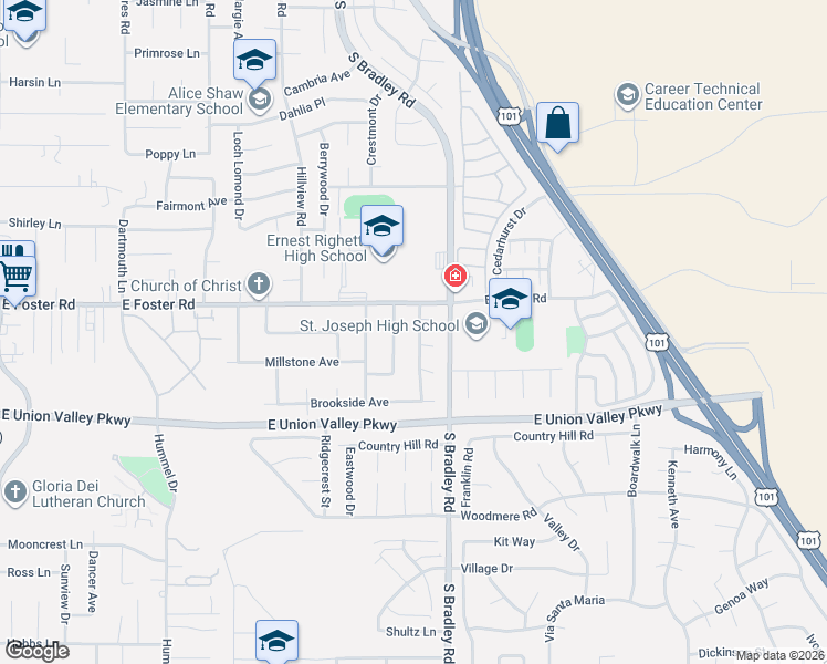 map of restaurants, bars, coffee shops, grocery stores, and more near 4141 Shady Glade Drive in Santa Maria