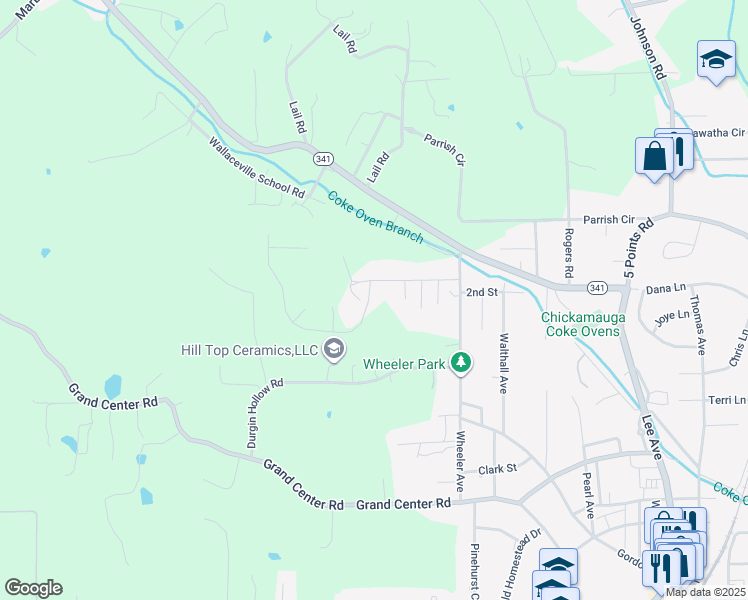 map of restaurants, bars, coffee shops, grocery stores, and more near 126 Ireland Lane in Chickamauga