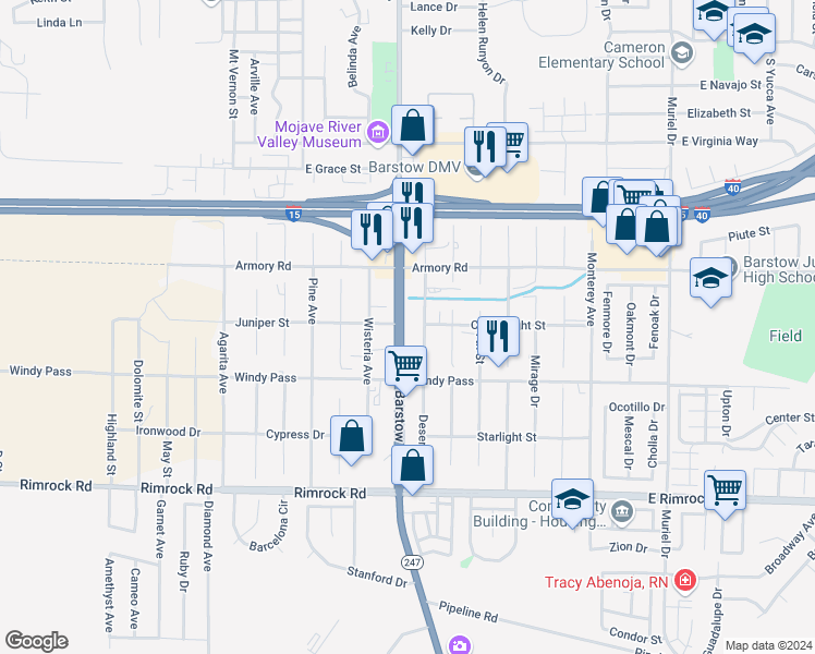 map of restaurants, bars, coffee shops, grocery stores, and more near 1050 Deseret Avenue in Barstow