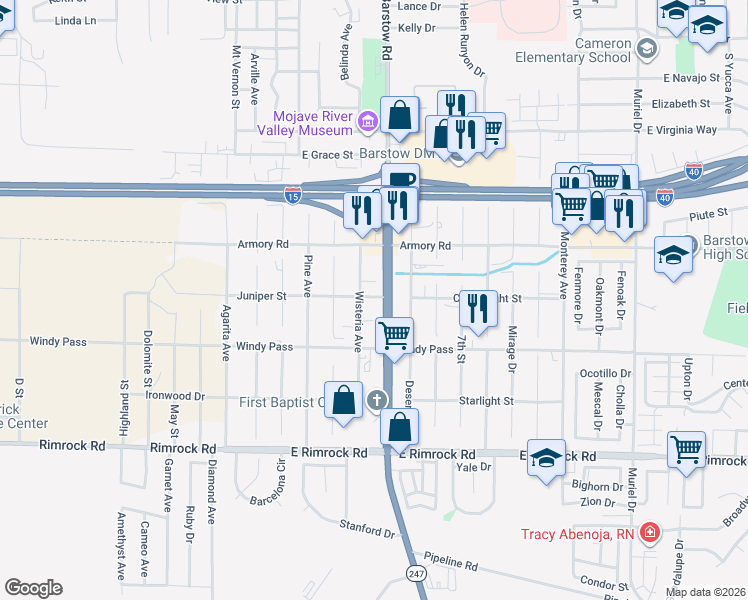 map of restaurants, bars, coffee shops, grocery stores, and more near 1110 Wisteria Avenue in Barstow