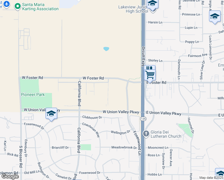 map of restaurants, bars, coffee shops, grocery stores, and more near 490 West Foster Road in Santa Maria