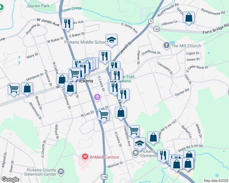map of restaurants, bars, coffee shops, grocery stores, and more near 221 Hampton Avenue in Pickens