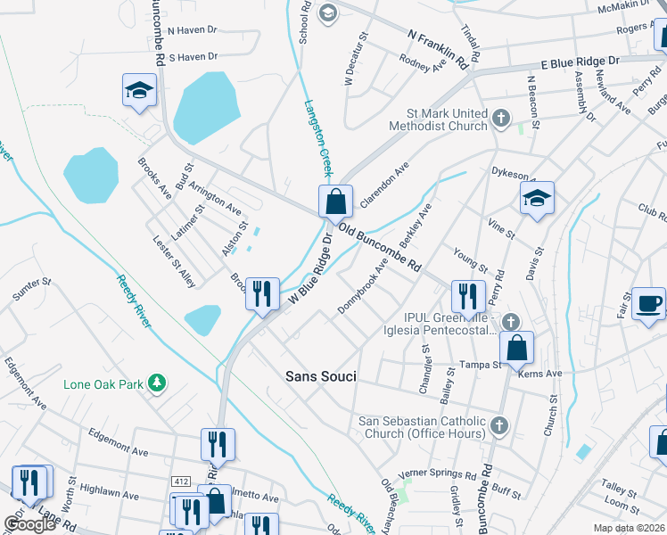 map of restaurants, bars, coffee shops, grocery stores, and more near 107 Aladdin Street in Greenville