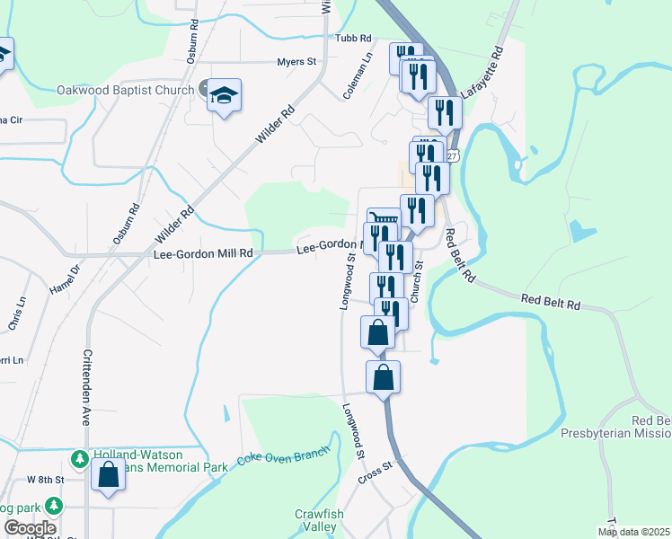 map of restaurants, bars, coffee shops, grocery stores, and more near 102 Longwood Street in Chickamauga