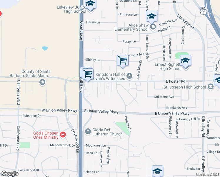 map of restaurants, bars, coffee shops, grocery stores, and more near 364 East Foster Road in Santa Maria