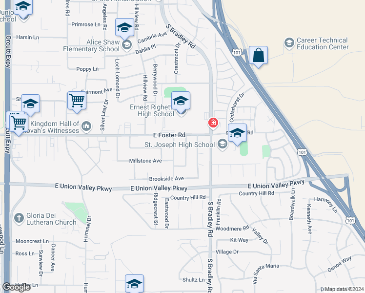 map of restaurants, bars, coffee shops, grocery stores, and more near 4127 Glenview Drive in Santa Maria
