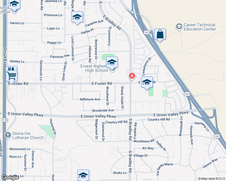 map of restaurants, bars, coffee shops, grocery stores, and more near 4127 Glenview Drive in Santa Maria