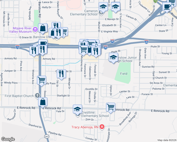 map of restaurants, bars, coffee shops, grocery stores, and more near 421 Oakmont Drive in Barstow