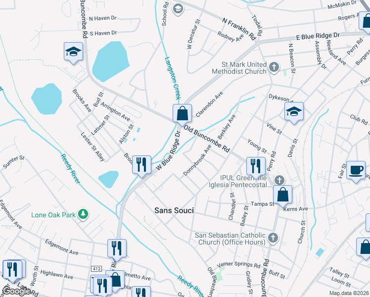 map of restaurants, bars, coffee shops, grocery stores, and more near 107 Aladdin Street in Greenville