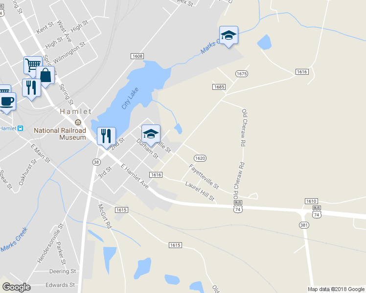 map of restaurants, bars, coffee shops, grocery stores, and more near 164 5th Street in Hamlet