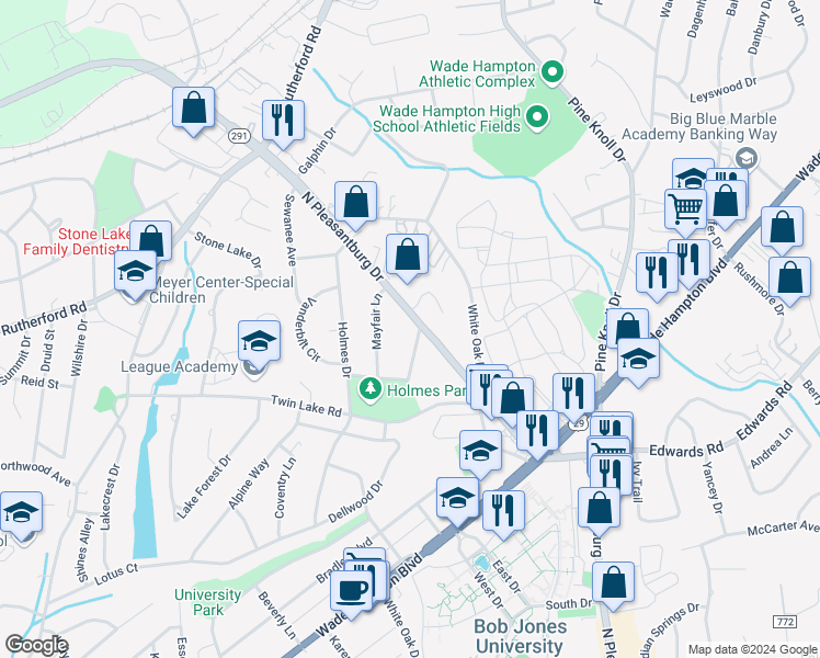 map of restaurants, bars, coffee shops, grocery stores, and more near 2 Mallory Street in Greenville