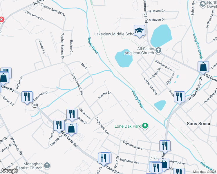 map of restaurants, bars, coffee shops, grocery stores, and more near 6 Riverwood Road in Greenville