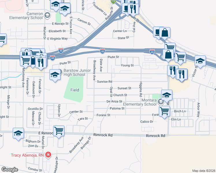 map of restaurants, bars, coffee shops, grocery stores, and more near 1533 Sunset Street in Barstow