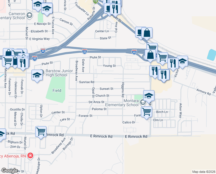 map of restaurants, bars, coffee shops, grocery stores, and more near 1645 Sunset Street in Barstow