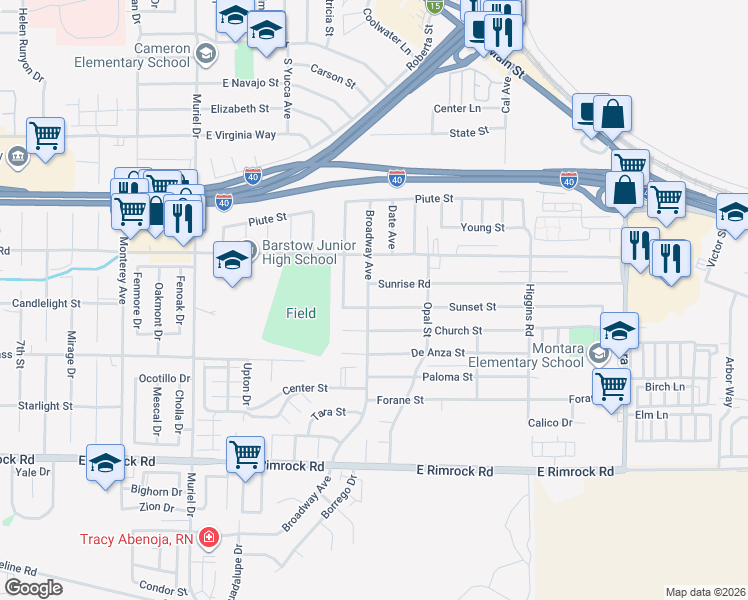 map of restaurants, bars, coffee shops, grocery stores, and more near 1501 Sunset St in Barstow