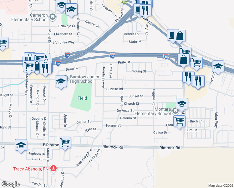 map of restaurants, bars, coffee shops, grocery stores, and more near 1533 Sunset St in Barstow