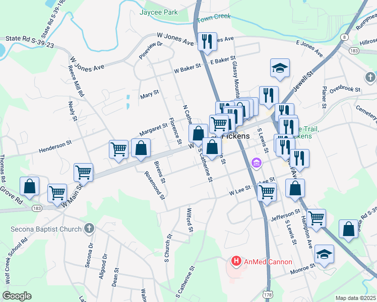 map of restaurants, bars, coffee shops, grocery stores, and more near 213 West Main Street in Pickens