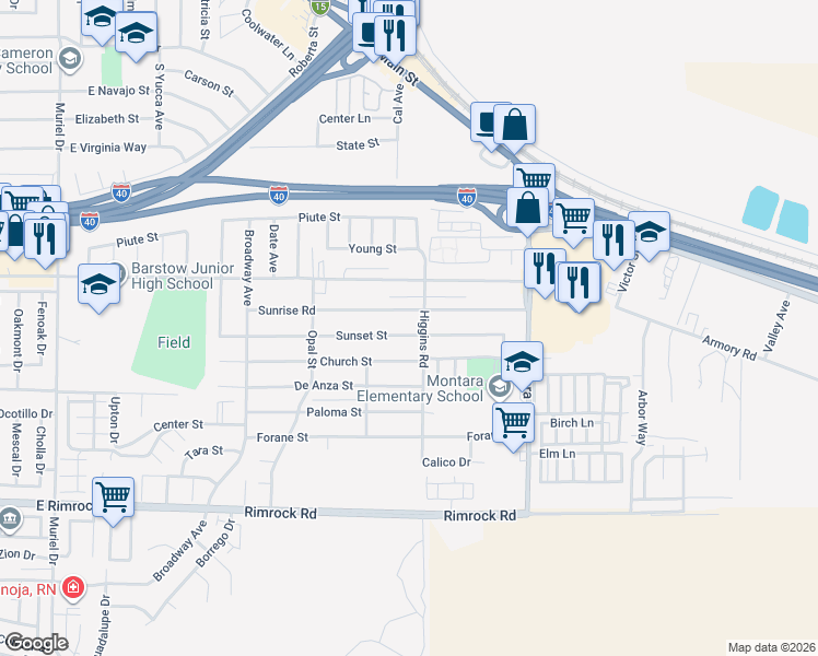 map of restaurants, bars, coffee shops, grocery stores, and more near 1733 Sunset Street in Barstow