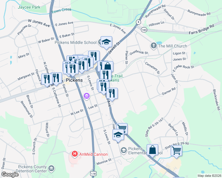 map of restaurants, bars, coffee shops, grocery stores, and more near 221 Hampton Avenue in Pickens