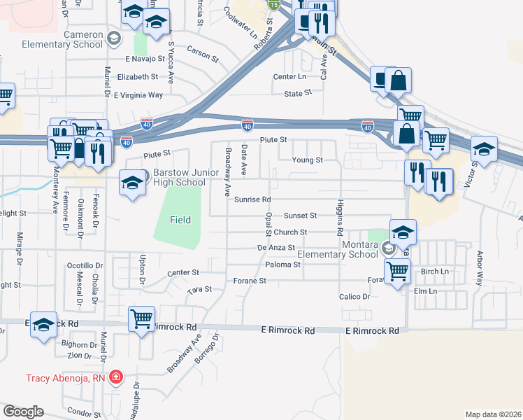 map of restaurants, bars, coffee shops, grocery stores, and more near 1533 Sunset Street in Barstow