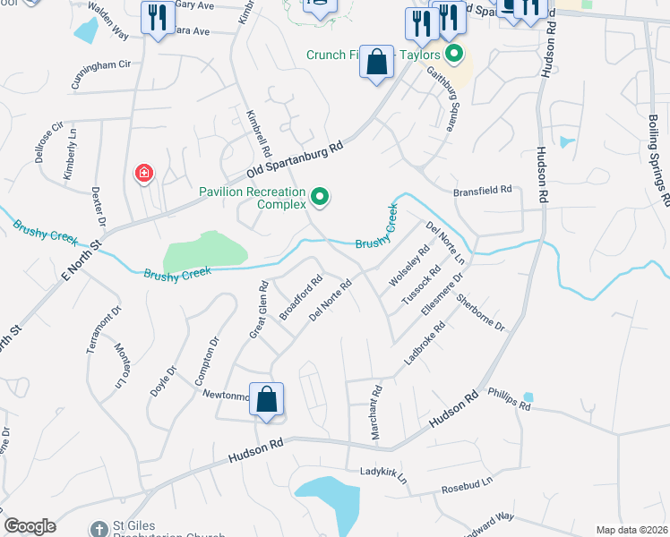 map of restaurants, bars, coffee shops, grocery stores, and more near 421 Great Glen Road in Greenville