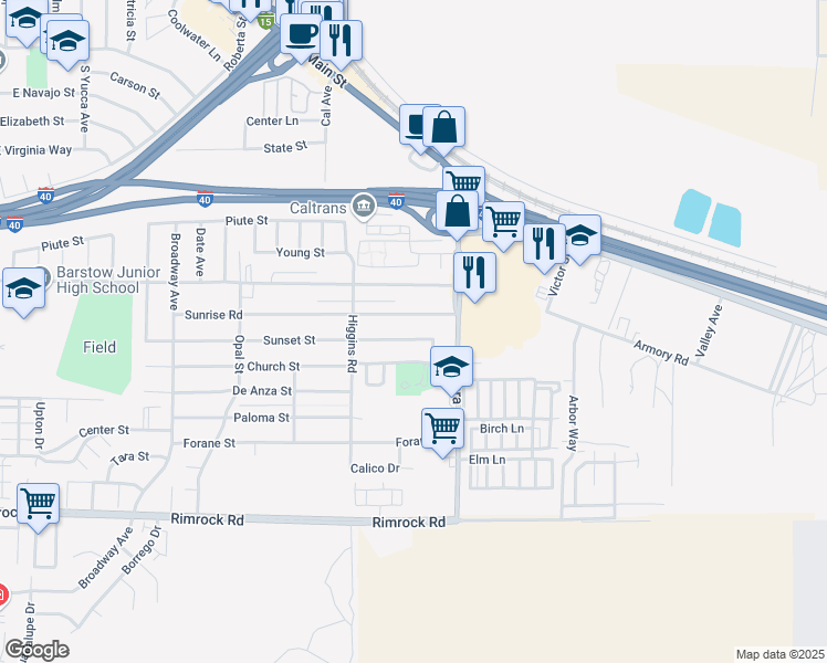 map of restaurants, bars, coffee shops, grocery stores, and more near 1905 Sunset Street in Barstow