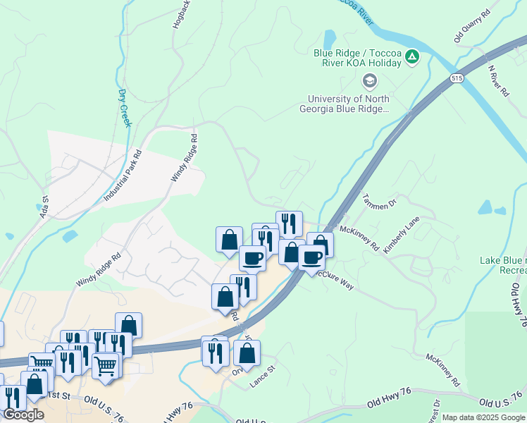 map of restaurants, bars, coffee shops, grocery stores, and more near 1110 Industrial Park Road in Blue Ridge