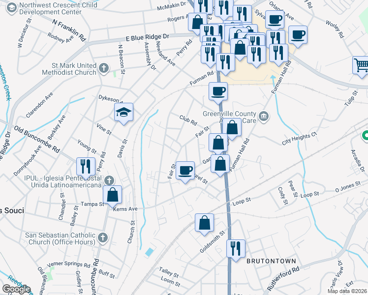 map of restaurants, bars, coffee shops, grocery stores, and more near 215 Fair Street in Greenville