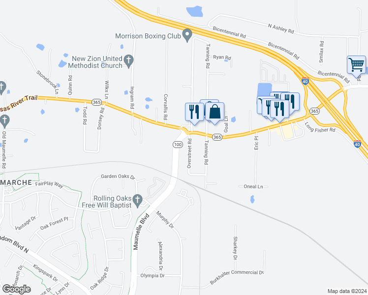 map of restaurants, bars, coffee shops, grocery stores, and more near 14005 Overstreet Road in North Little Rock