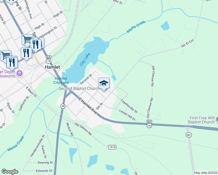 map of restaurants, bars, coffee shops, grocery stores, and more near 305 Fayetteville Street in Hamlet