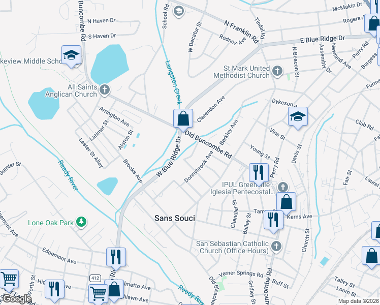 map of restaurants, bars, coffee shops, grocery stores, and more near 111 Aladdin Street in Greenville