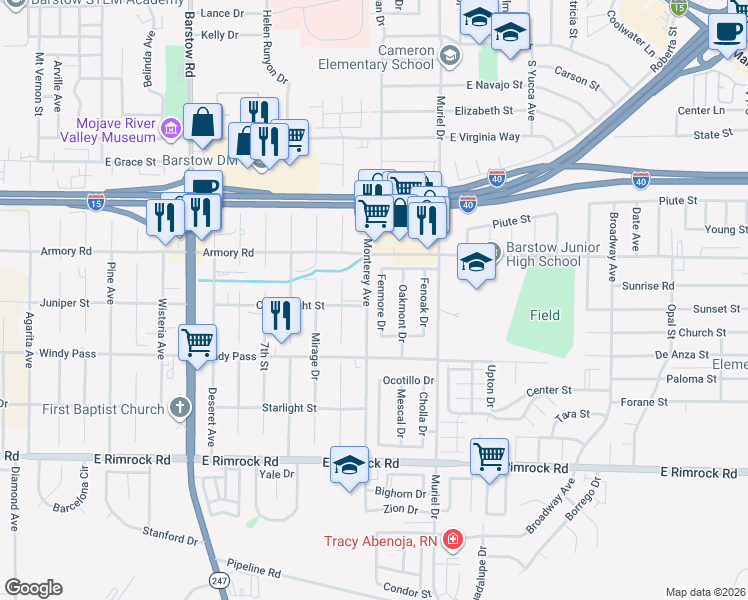 map of restaurants, bars, coffee shops, grocery stores, and more near 428 Fenmore Drive in Barstow