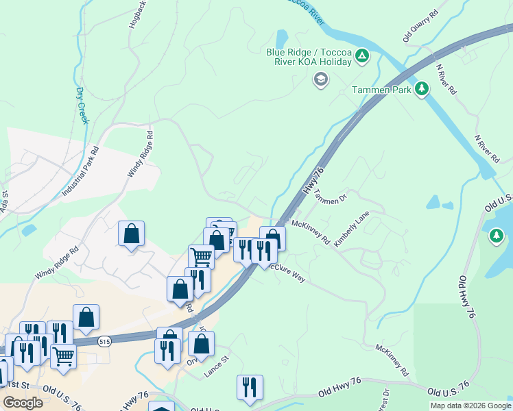map of restaurants, bars, coffee shops, grocery stores, and more near Industrial Park Road in Blue Ridge