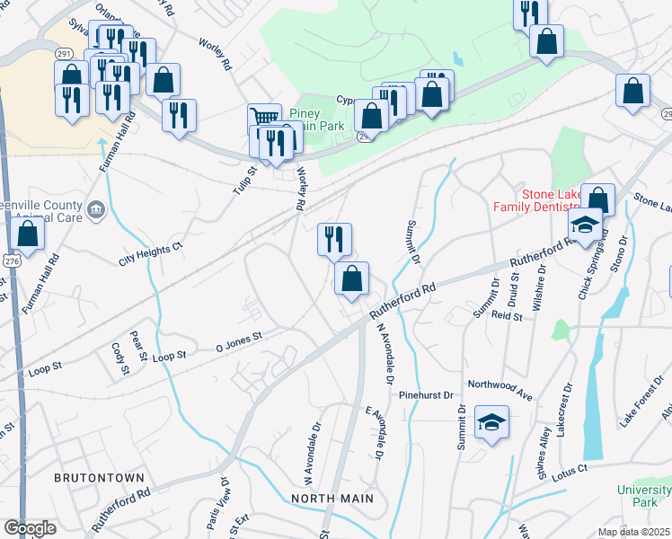 map of restaurants, bars, coffee shops, grocery stores, and more near 22 Graves Drive in Greenville
