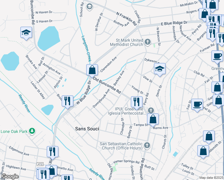 map of restaurants, bars, coffee shops, grocery stores, and more near 3 Brentbrook Way in Greenville