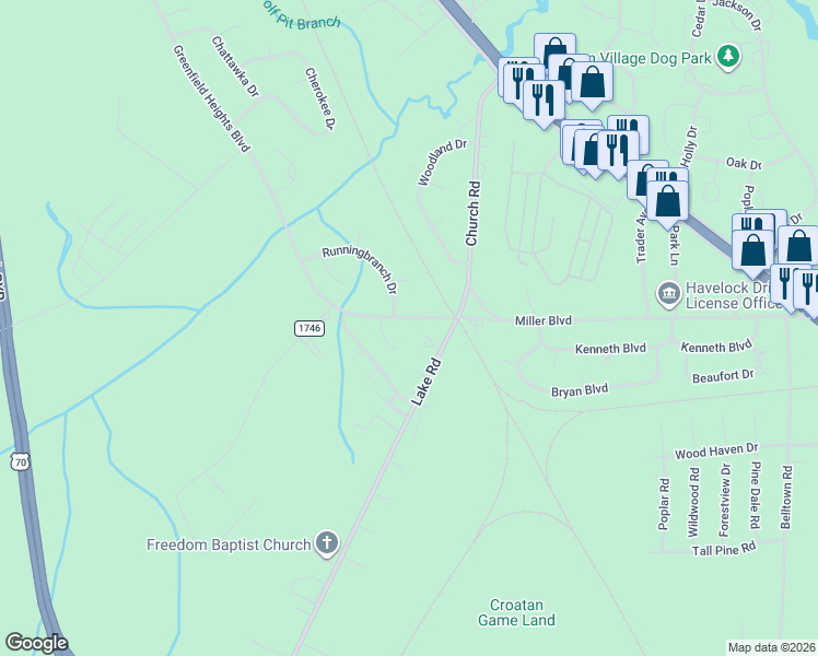 map of restaurants, bars, coffee shops, grocery stores, and more near 607 Greenfield Heights Boulevard in Havelock