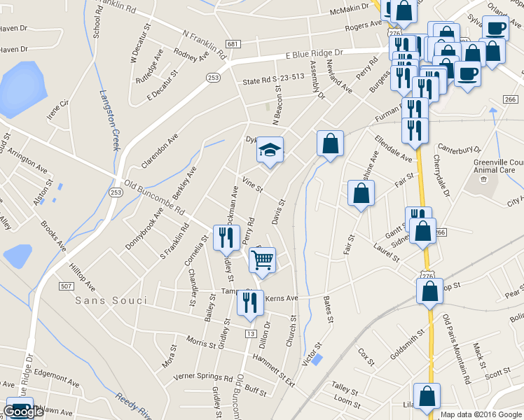 map of restaurants, bars, coffee shops, grocery stores, and more near 110 Perry Road in Greenville