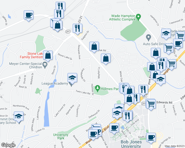 map of restaurants, bars, coffee shops, grocery stores, and more near 37 Holmes Drive in Greenville