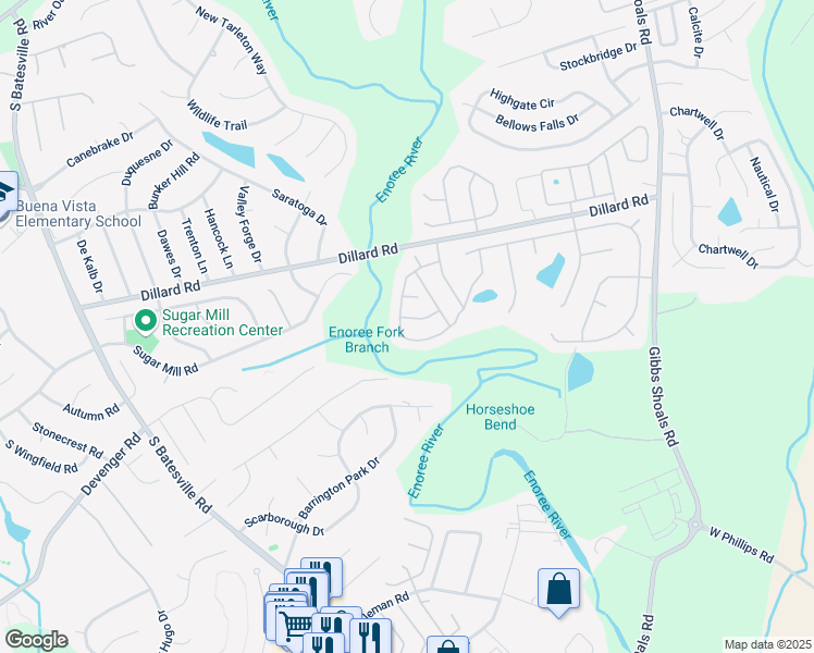 map of restaurants, bars, coffee shops, grocery stores, and more near 302 Hillsdale Drive in Greer
