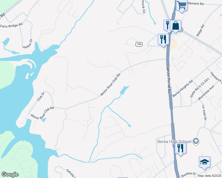 map of restaurants, bars, coffee shops, grocery stores, and more near 219 Motor Boat Club Road in Greenville