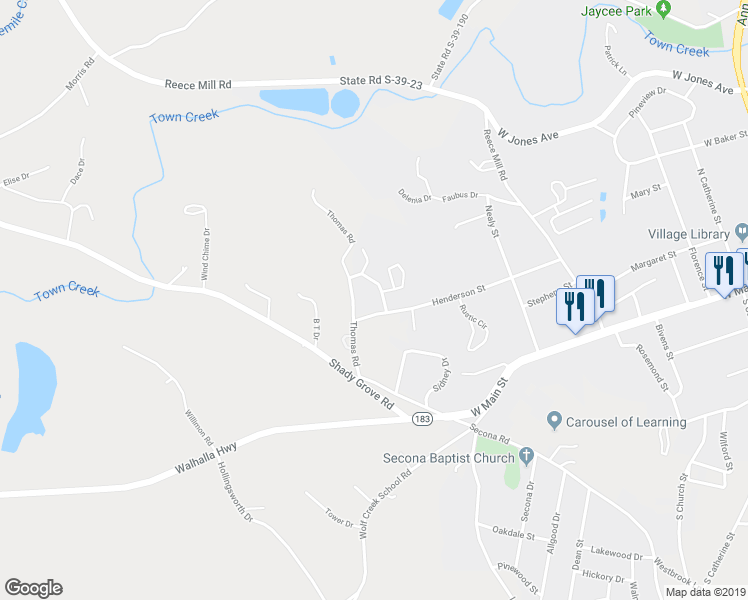 map of restaurants, bars, coffee shops, grocery stores, and more near 406 Henderson Street in Pickens