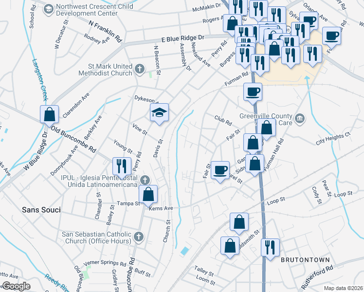 map of restaurants, bars, coffee shops, grocery stores, and more near 206 Brunswick Avenue in Greenville