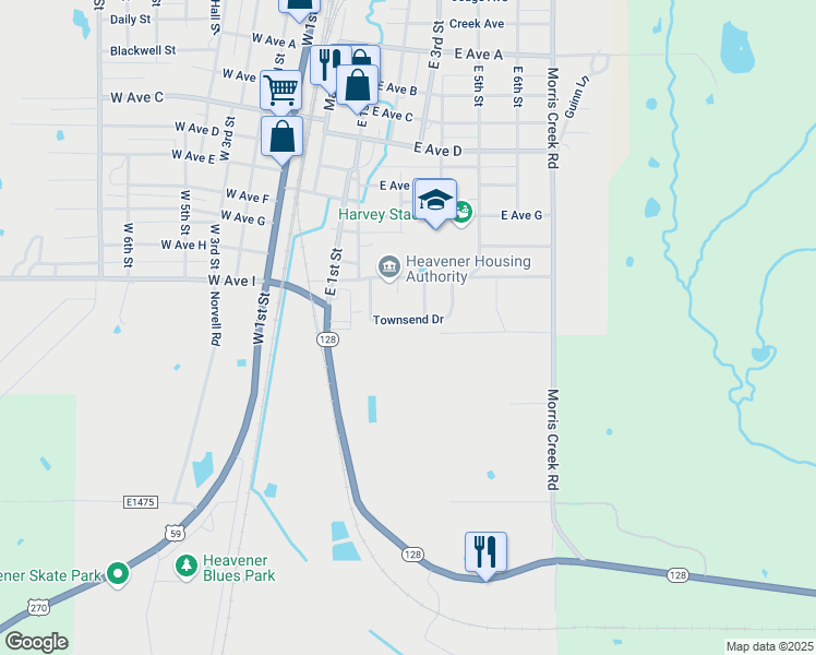 map of restaurants, bars, coffee shops, grocery stores, and more near 1110 Townsend Drive in Heavener